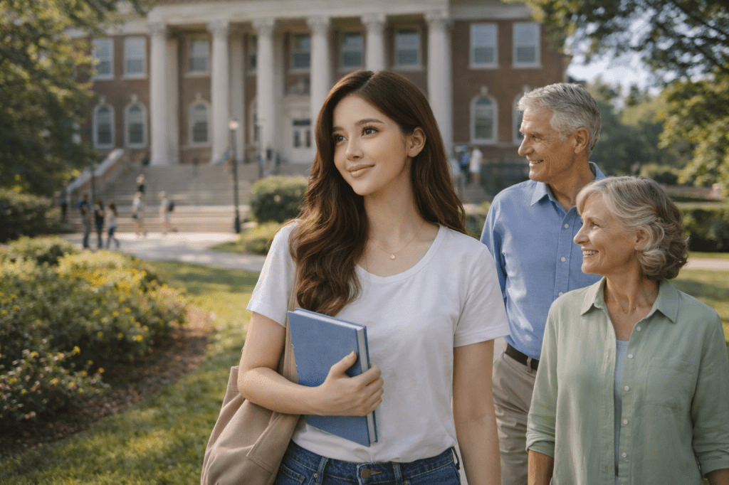 Catherlyne visits the university campus with her grandparents in New York, holding a notebook and looking ahead with quiet focus before her exam.