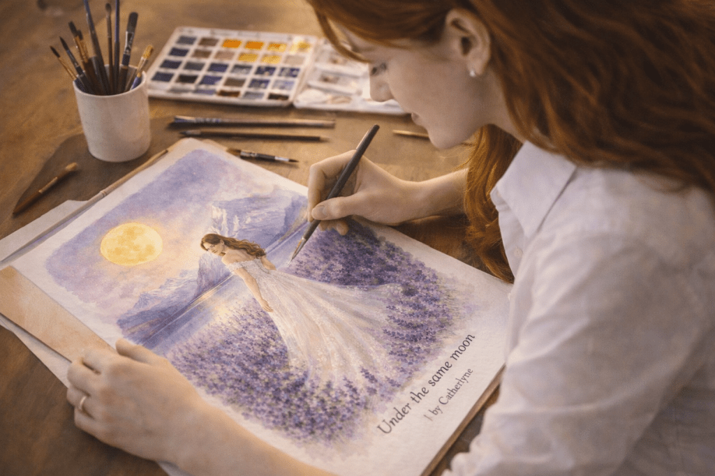 Close-up of Catherlyne carefully sketching a bridal gown during her design exam, painting lavender details beneath a glowing moon with calm focus and creativity.