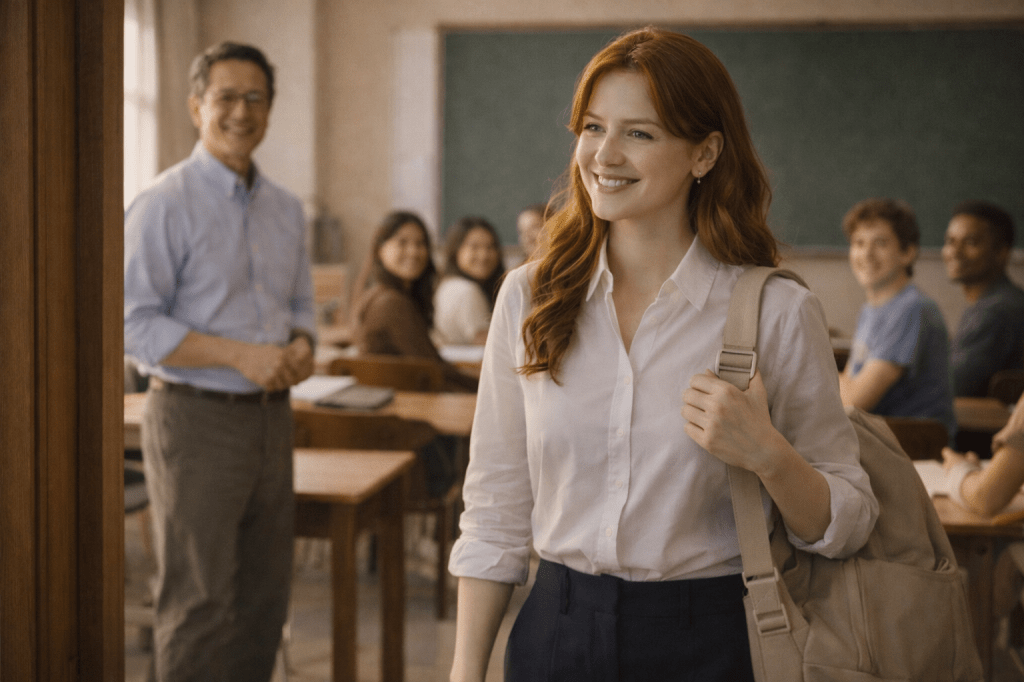 Catherlyne enters the university exam room with a calm, confident smile, greeting the professor and fellow students as warm daylight fills the classroom.