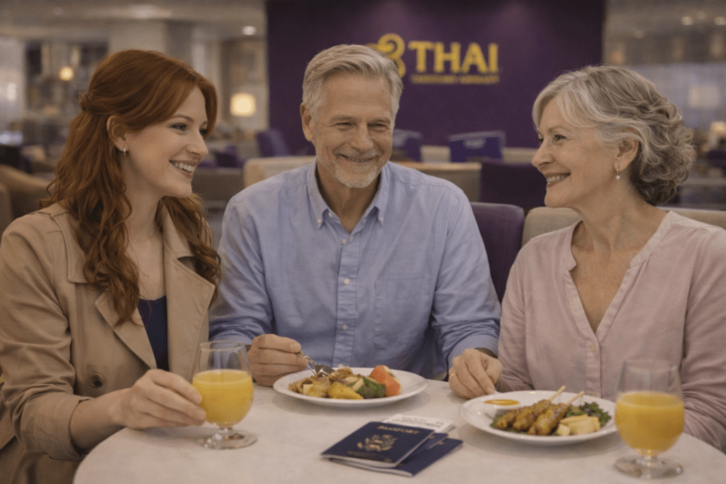 Catherlyne shares a warm meal with her elderly grandparents at the Thai Airways lounge, smiling together as they prepare for their upcoming flight.