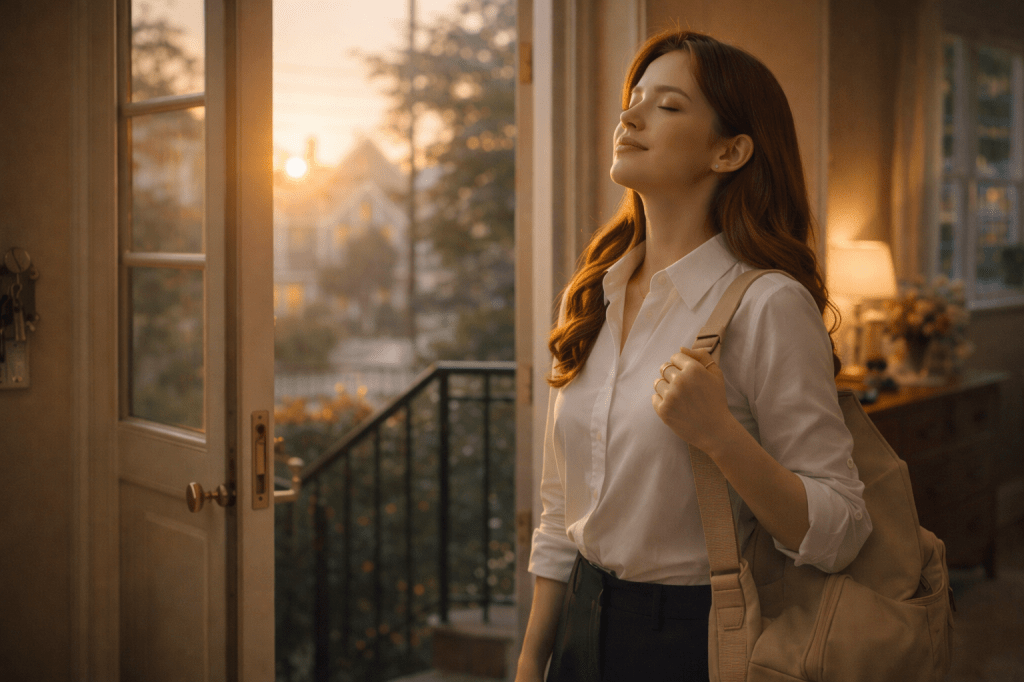 Catherlyne stands at the doorway in the soft morning light, taking a deep breath before leaving home on her exam day, calm and quietly determined.