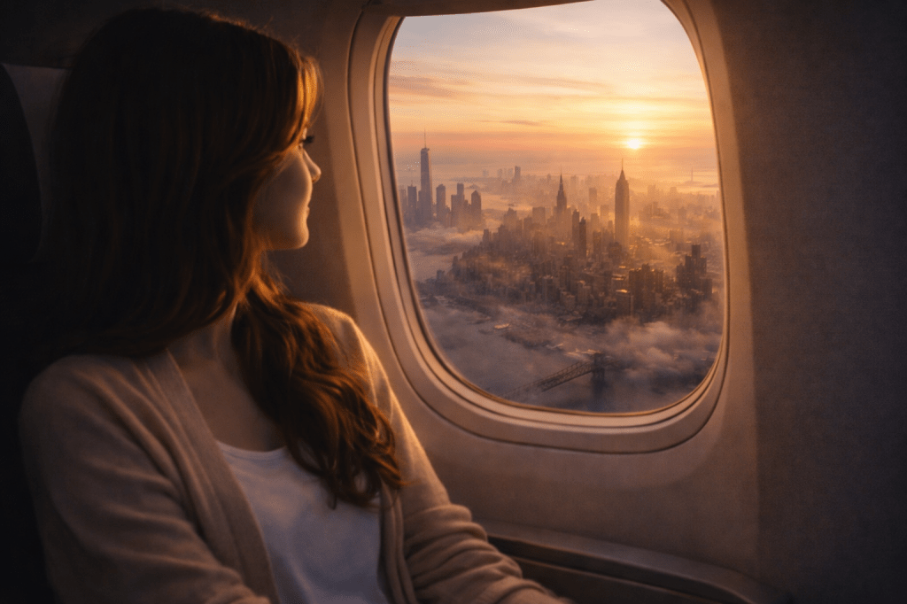 Catherlyne looks out from the airplane window at dawn, watching the New York City skyline emerge beneath soft morning light as the plane descends.