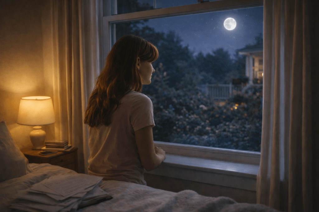 Catherlyne stands quietly by her bedroom window on her first night in New York, looking out at the moonlit garden as soft lamp light warms the room.