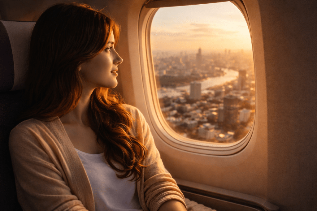 Catherlyne sits by the airplane window, quietly looking down at the Bangkok skyline glowing in golden hour light as the city slowly fades below.