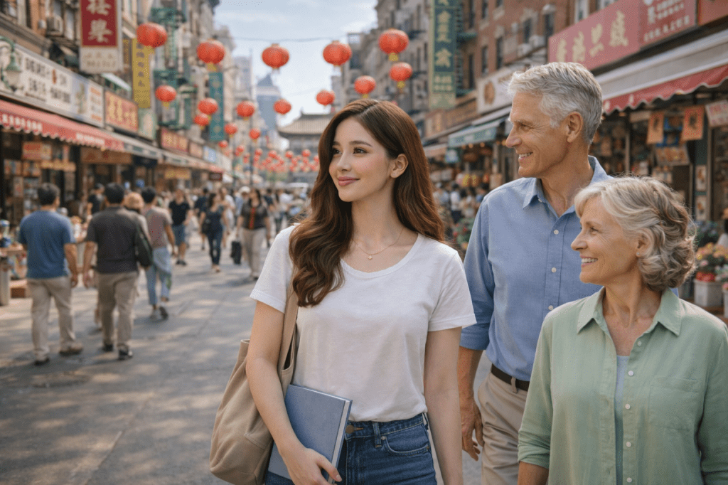 Catherlyne walks through New York’s Chinatown with her grandparents in the afternoon, surrounded by red lanterns, busy streets, and local shops.