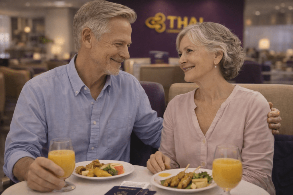 Elderly grandparents share a quiet meal together at the Thai Airways lounge, smiling warmly as they prepare to board their flight.
