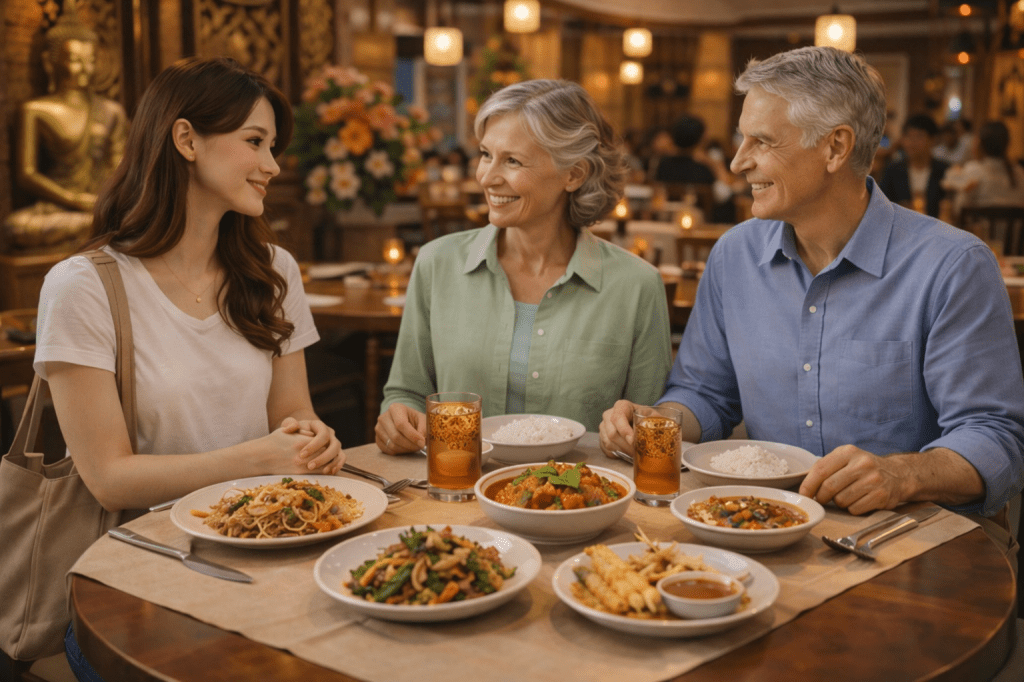 Catherlyne having dinner with her grandparents at a Thai restaurant in Thai Town, New York, sharing traditional Thai dishes in a warm evening atmosphere