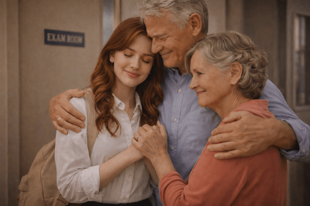Catherlyne stands between her grandparents outside the exam room, eyes gently closed as her grandfather embraces her and her grandmother holds her hand in quiet reassurance.