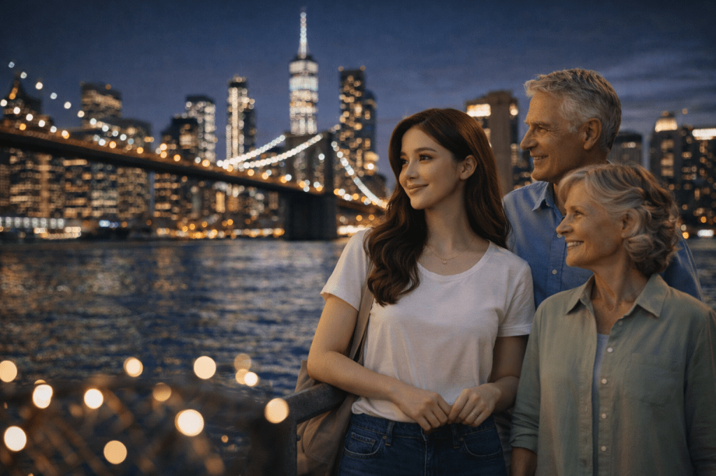 Catherlyne stands with her grandparents near the Brooklyn Bridge at night, watching the illuminated skyline of New York reflected on the river.
