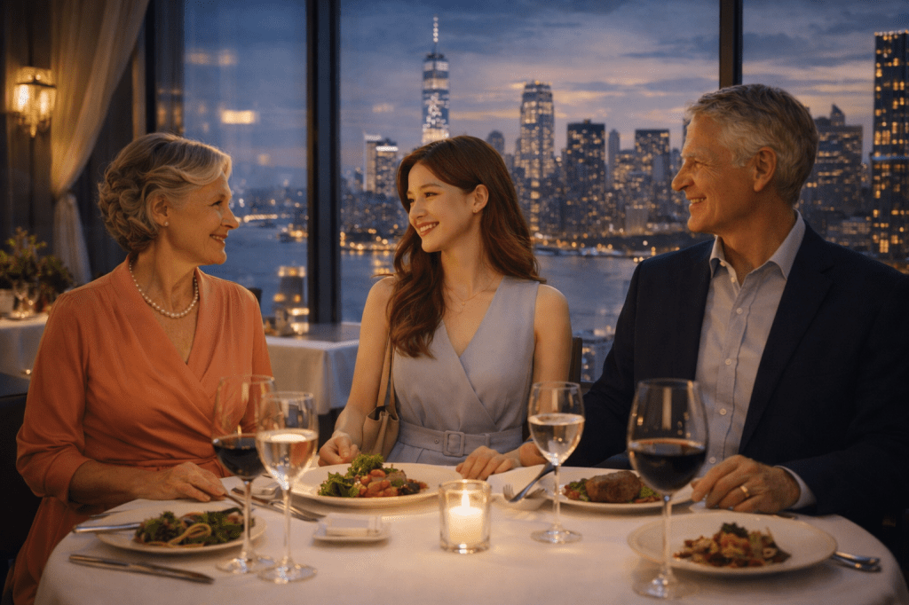 Catherlyne having an elegant dinner with her grandparents at a high-end restaurant in New York, overlooking the city skyline in the evening.
