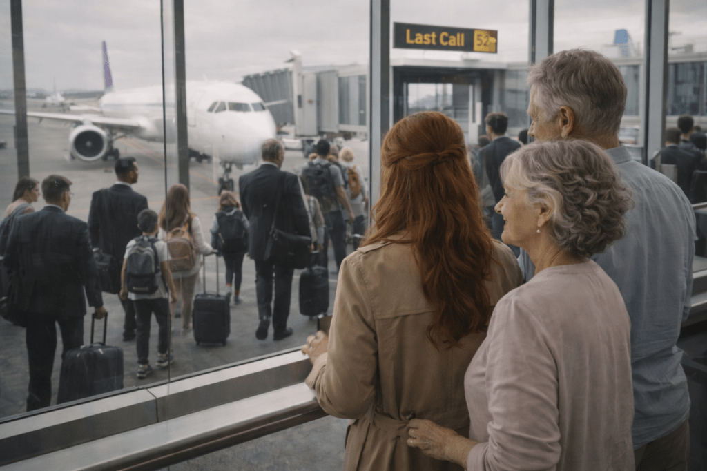 Catherlyne stands with her grandparents at the airport gate during last call, watching passengers walk toward the airplane through large glass windows.