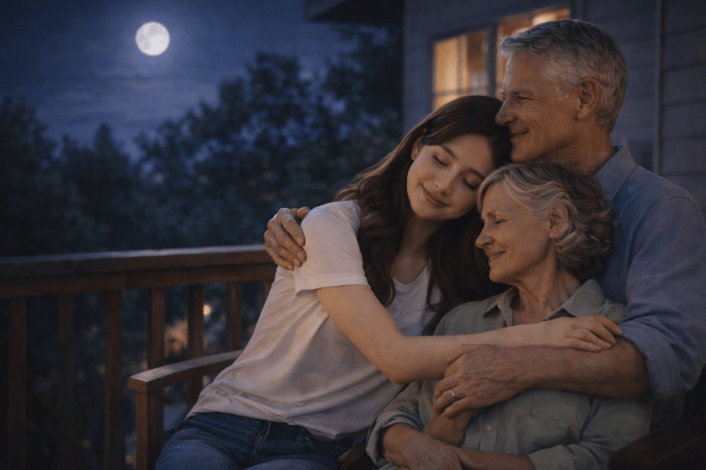 Catherlyne embraces her grandparents on the balcony at night, sharing a quiet moment under silver moonlight before her exam day.