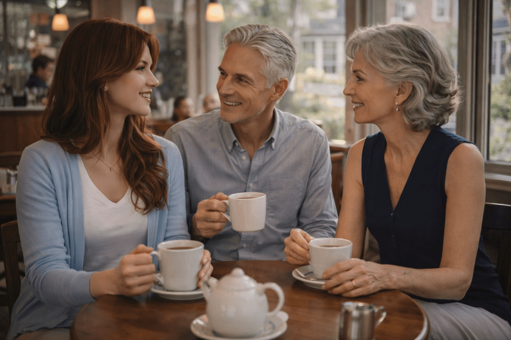 Catherlyne sits with her grandparents at a cozy neighborhood café in New York, sharing coffee and hot tea together on a quiet morning.