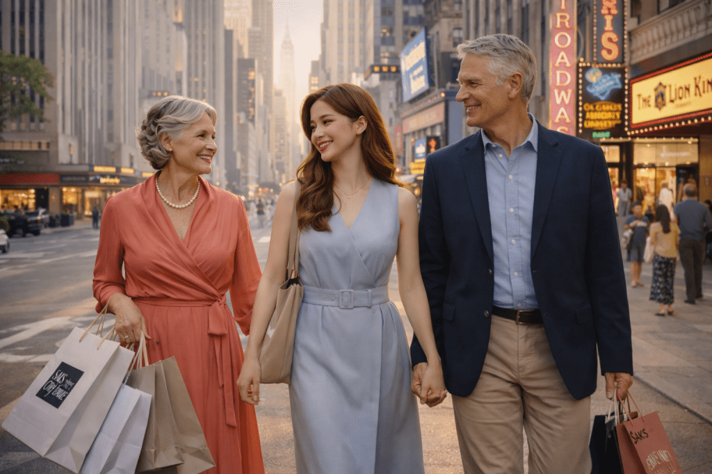 Catherlyne walking hand in hand with her grandparents at Rockefeller Center and Broadway, enjoying a free day of shopping and sightseeing in New York City, dressed in elegant modern outfits under warm city light.