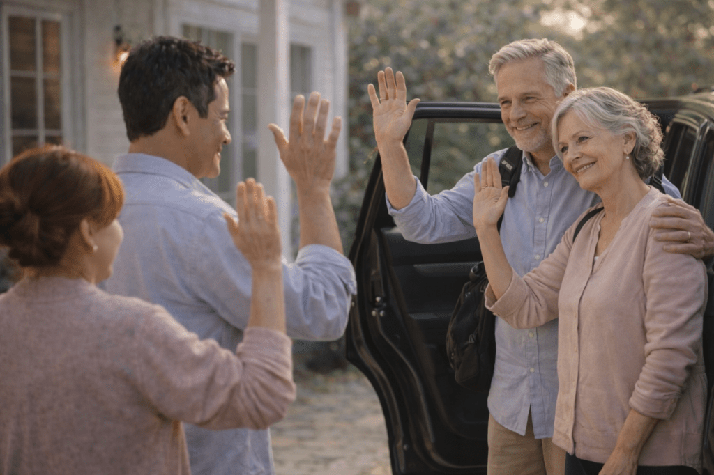 Elderly grandparents wave goodbye to their family beside a car outside their home, moments before departing together on a journey to New York.