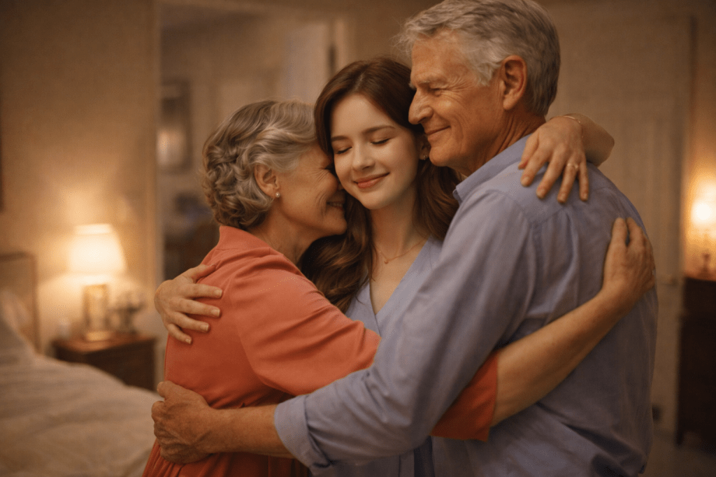Catherlyne gently hugs her grandparents in a warmly lit home before bedtime, sharing a quiet moment of love and reassurance at the end of the day.