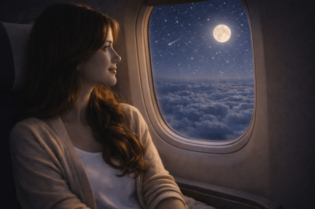 Catherlyne sits by the airplane window at night, gazing at the full moon and stars shining above a sea of clouds during a long-haul flight.