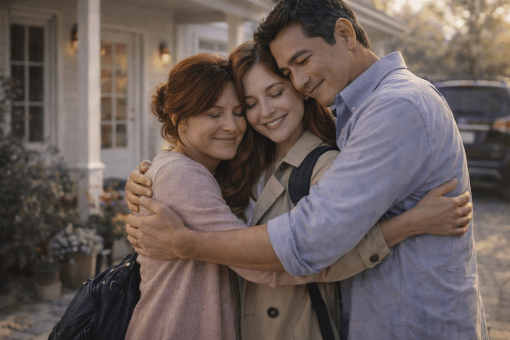 Catherlyne shares a warm morning embrace with her parents—her Thai father Bodin and her mother Vicky—at home before departing for her journey to New York