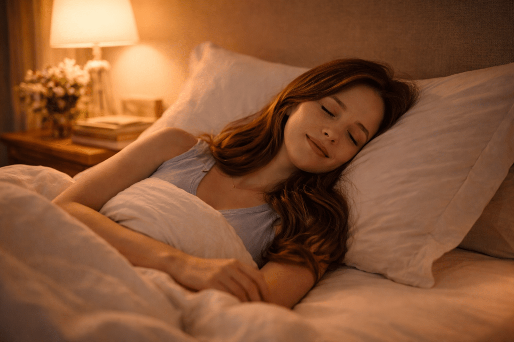 Catherlyne sleeping peacefully in her bedroom under warm, soft lighting, her face relaxed with a gentle smile after a full and comforting day.