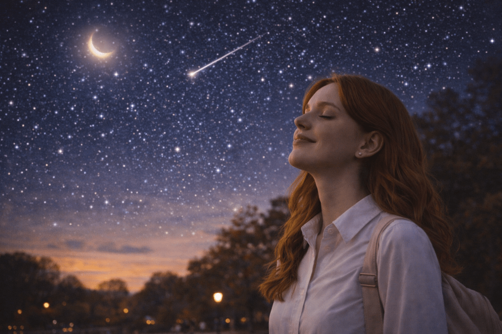 Catherlyne stands beneath a dark night sky filled with stars and moonlight, eyes gently closed as a shooting star passes, capturing a quiet moment of peace and gratitude.