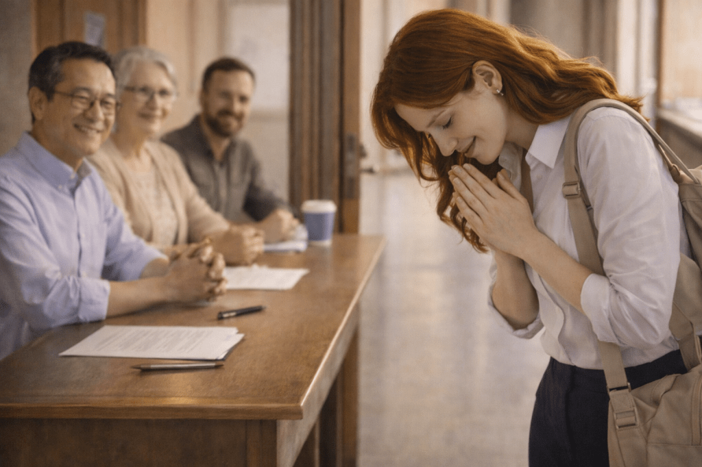 Catherlyne bows respectfully to the exam committee after completing her design exam, hands gently pressed together, her expression calm and grateful as she prepares to leave the room.