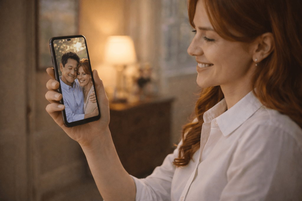 Catherlyne video-calling her parents on exam morning, smiling warmly at the phone screen as soft light fills the room.