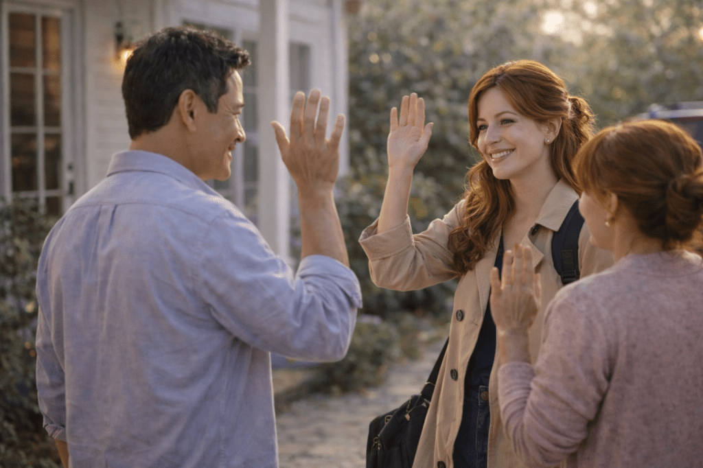Catherlyne waving goodbye to her Thai father Bodin and her mother Vicky in front of their family home before leaving for the airport, a warm and emotional farewell moment.
