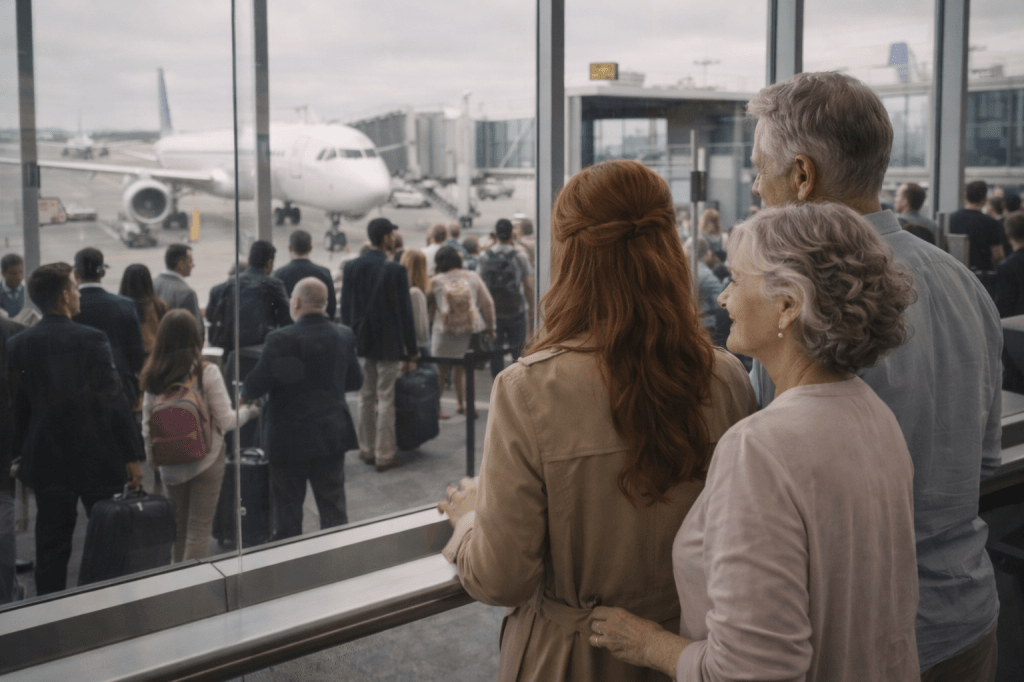 Catherlyne stands with her grandparents at the airport gate, looking through large glass windows at many passengers waiting to board, with an airplane visible outside.