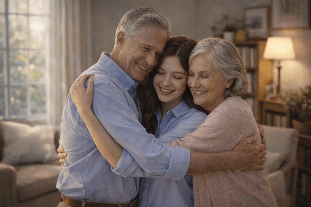 Catherlyne embraces her grandparents William and Anna in a warm family hug at home, sharing joy and love after receiving good news about her university application.
