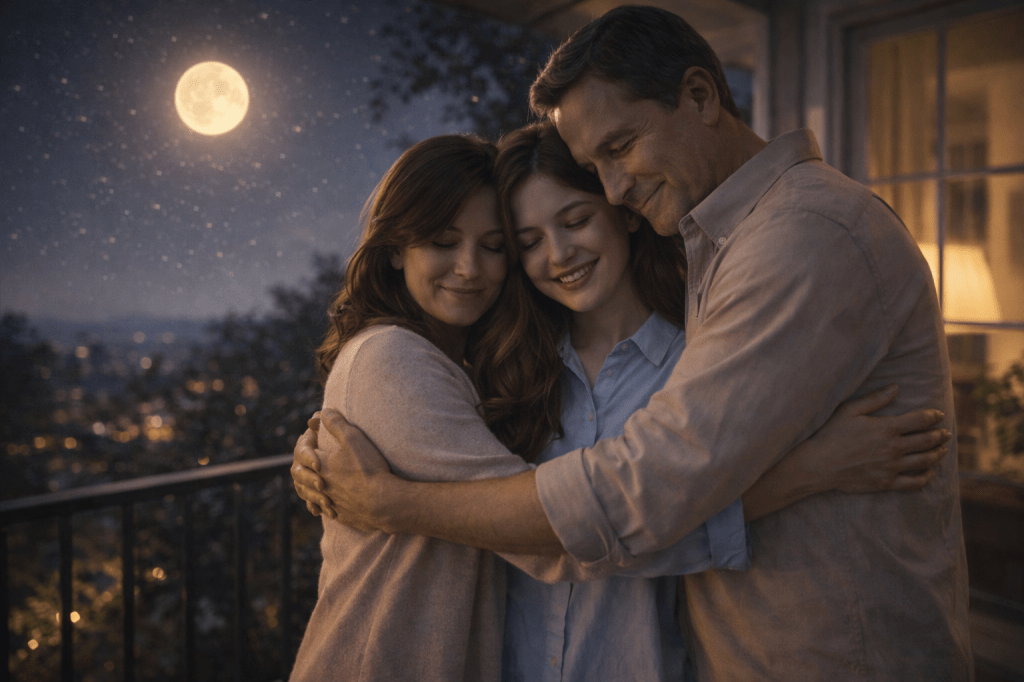 An aunt and uncle gently embracing Catherlyne on a quiet evening balcony, soft moonlight illuminating the family moment before bedtime.
