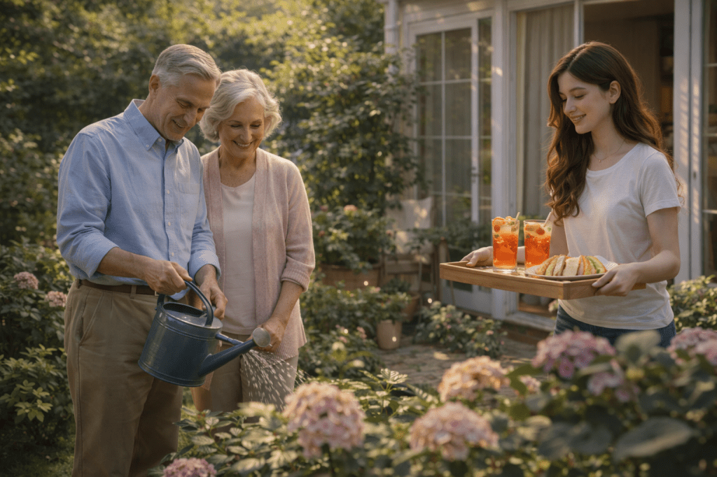 Catherlyne prepares fruit tea and sandwiches for her grandparents while they water plants together in the morning garden at home, bathed in soft natural light.