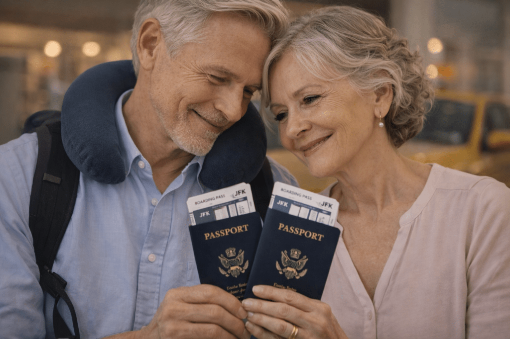 Close-up portrait of an elderly couple smiling gently while holding their passports and boarding passes, preparing to travel to New York together.