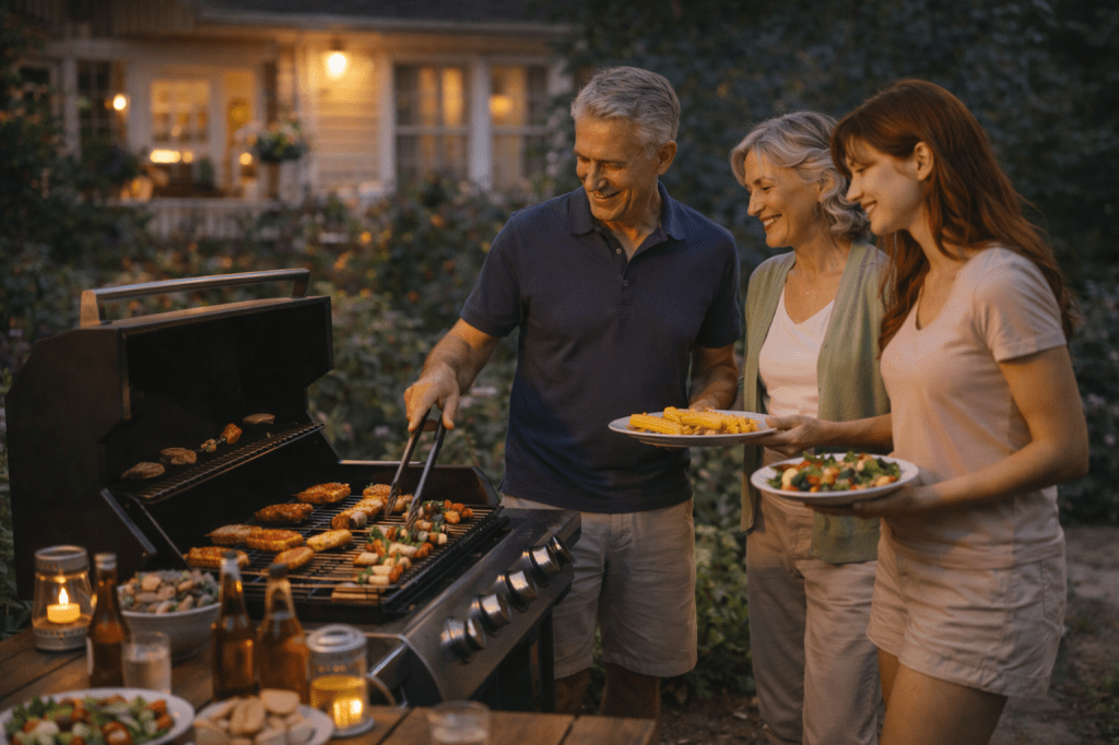 Grandfather William grills food in the garden while Grandmother Anna and Catherlyne stand beside him, holding plates and smiling together during an evening barbecue at their New York home.