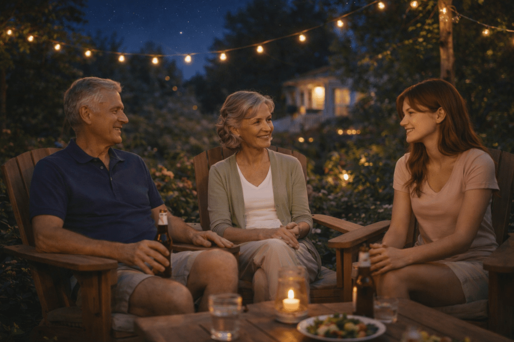 Grandfather William, Grandmother Anna, and Catherlyne sit together in the garden at night, talking under soft string lights as stars appear in the sky.