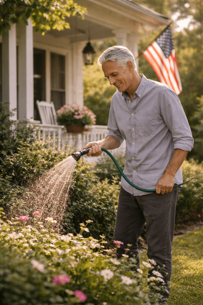 Grandfather William waters the garden in front of his home, with an American flag displayed near the porch, bathed in soft morning light.