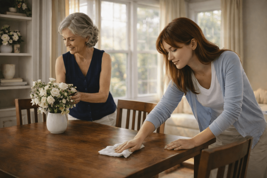 Grandmother Anna arranges fresh flowers while Catherlyne gently cleans the dining table, morning light filling their New York home.