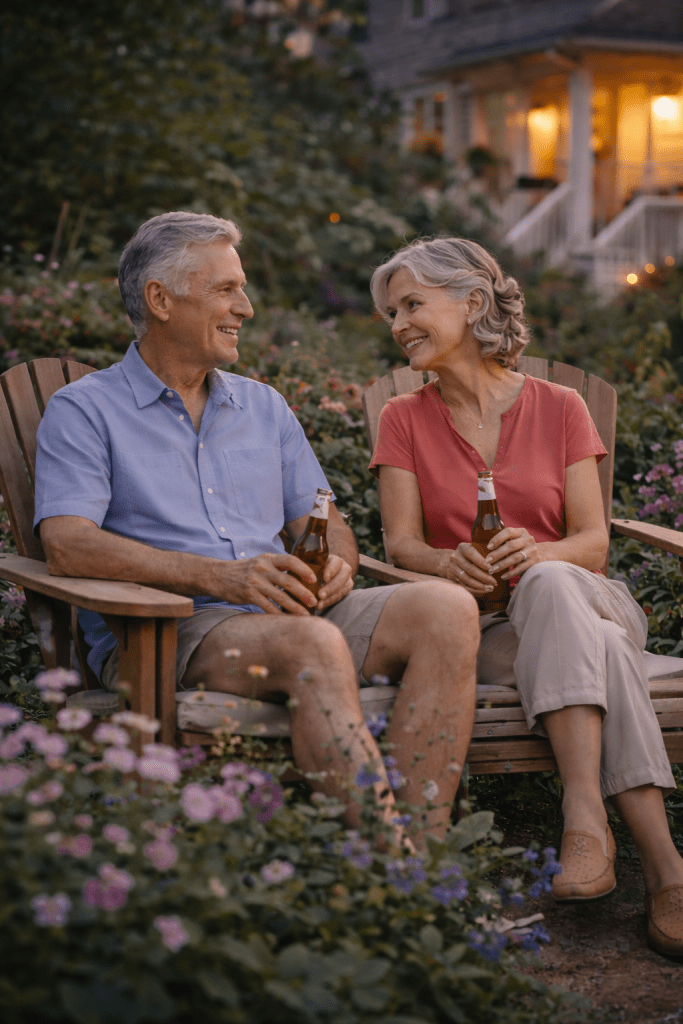 Grandfather William and Grandmother Anna sit together in their flower garden at dusk, talking quietly as evening light settles around their home.