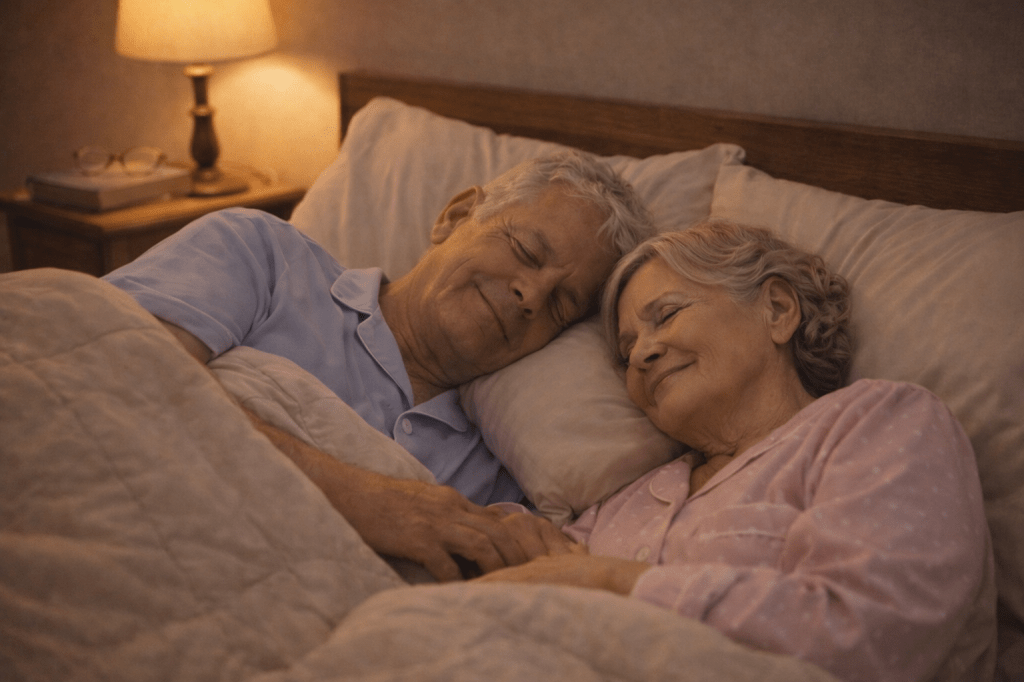 An elderly couple sleeping peacefully at night in their home, soft warm light filling the room, their faces calm and content after a long meaningful day.