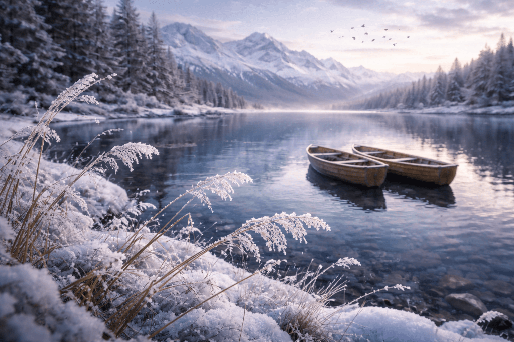 Close-up frost crystals on winter grass by a clear alpine lake, with wooden boats floating near the shore, distant snow-covered mountains, and birds flying overhead.