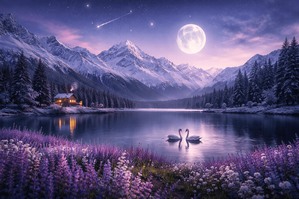 A moonlit lake in New Zealand with snow-covered mountains, lavender fields, swans on the water, and a warm lighted house under a silver full moon.