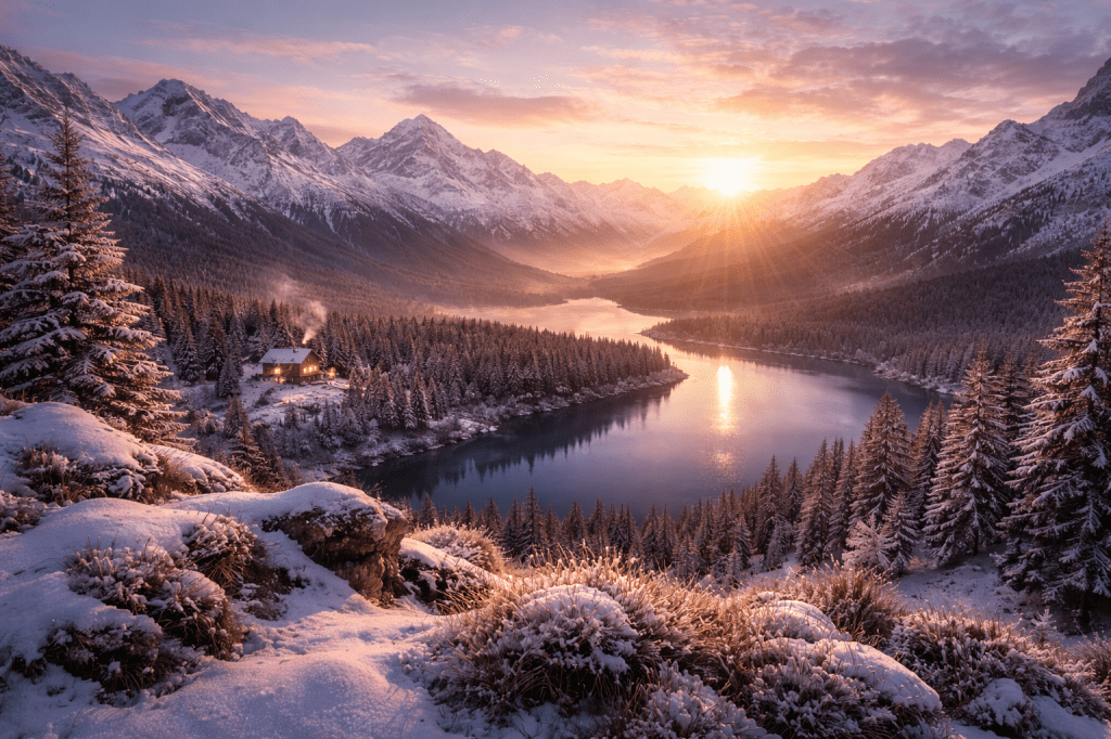A sunrise view from a snowy mountain peak overlooking alpine lakes in New Zealand, with soft morning light sparkling on the water and a distant house with chimney smoke.