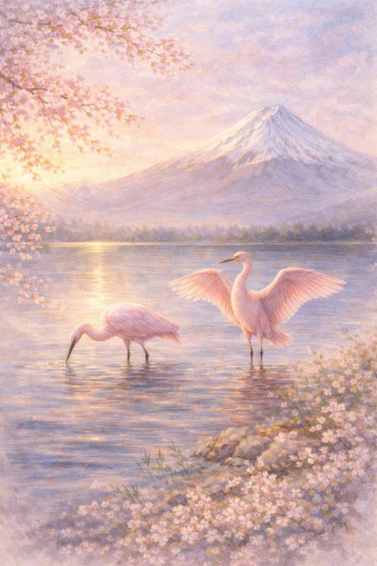 Soft pink dawn over water with birds, a gentle cinematic landscape study.