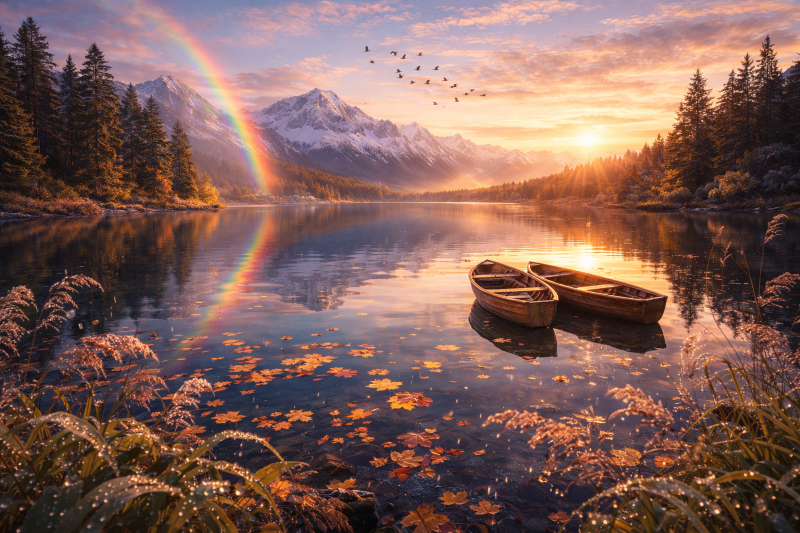 Cinematic lake scene after rain with wooden boats and soft light, an alternative visual mood.