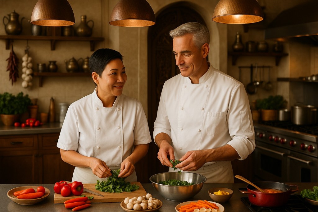 Parents preparing a meal together in a warm kitchen, reflecting love through everyday life
