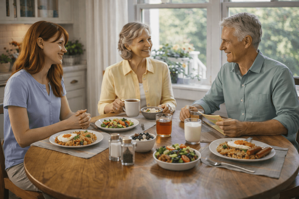 Catherlyne having a quiet morning breakfast with her grandparents at their New York home, sharing fried rice, fresh salad, yogurt, warm milk, and tea while planning the day ahead