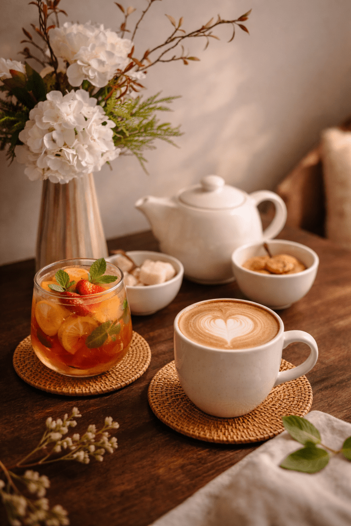 A quiet home scene with a teapot, two cups, and white flowers, symbolizing shared stillness and the calm of staying together.