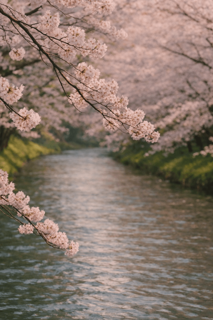Soft cherry blossom branches over a calm river, reflecting a quiet pause between movement and belonging.