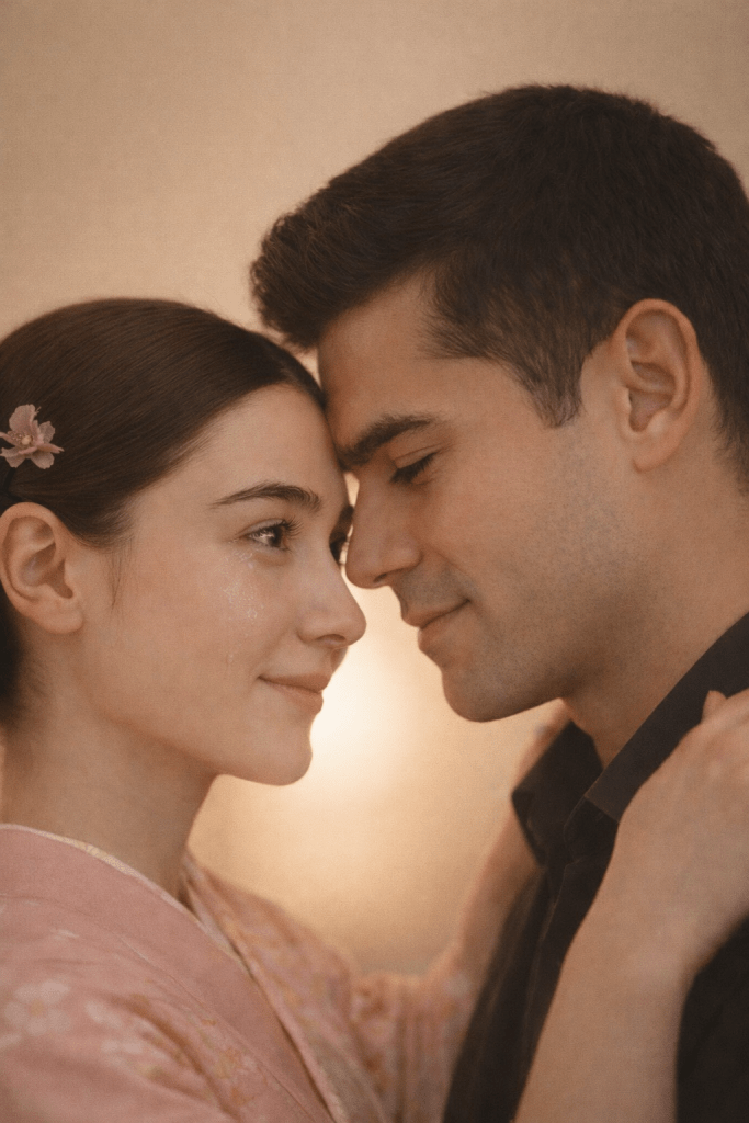 A quiet close-up of a couple sharing an intimate, calm moment, reflecting a love that has finished its journey and learned how to stay.