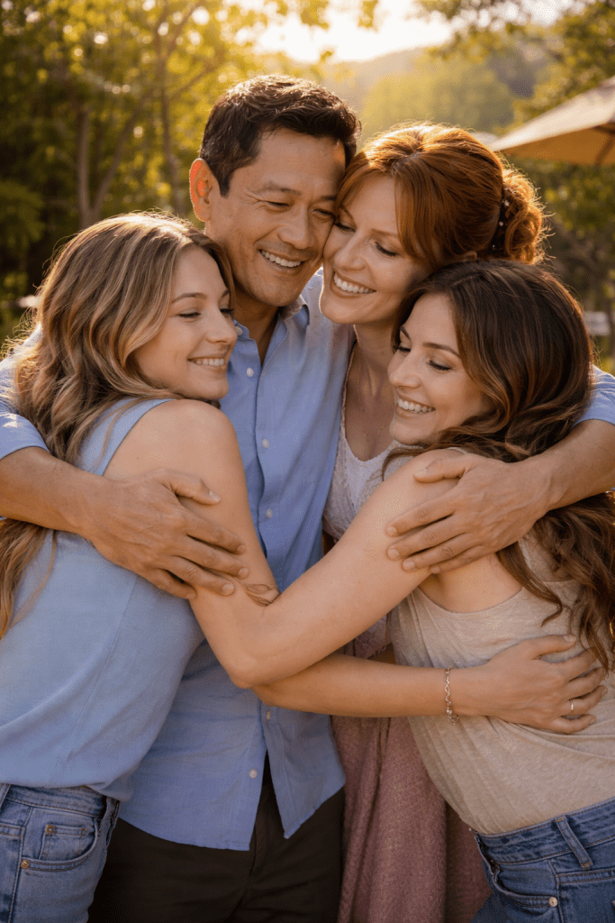 Bodin and Vicky embracing their daughters in a joyful family moment, expressing love, unity, and emotional support before an important journey.