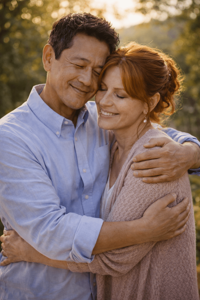 Bodin and Vicky, Catherlyne’s parents, sharing a warm embrace outdoors in the soft evening light, reflecting love, support, and family bond.